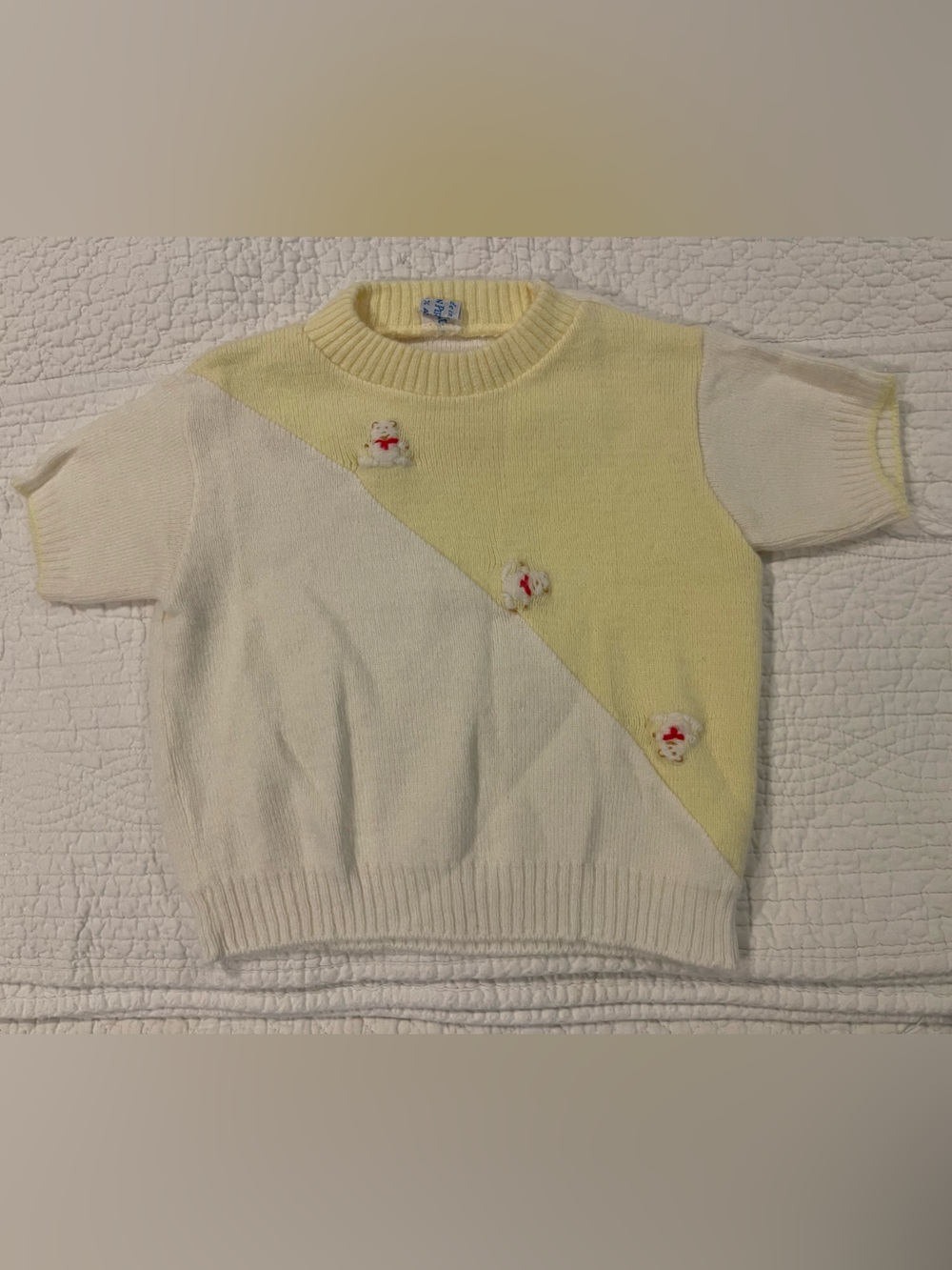 Vintage Carson Pirie Scott & England White Yellow Baby Sweater Bears Embroidery